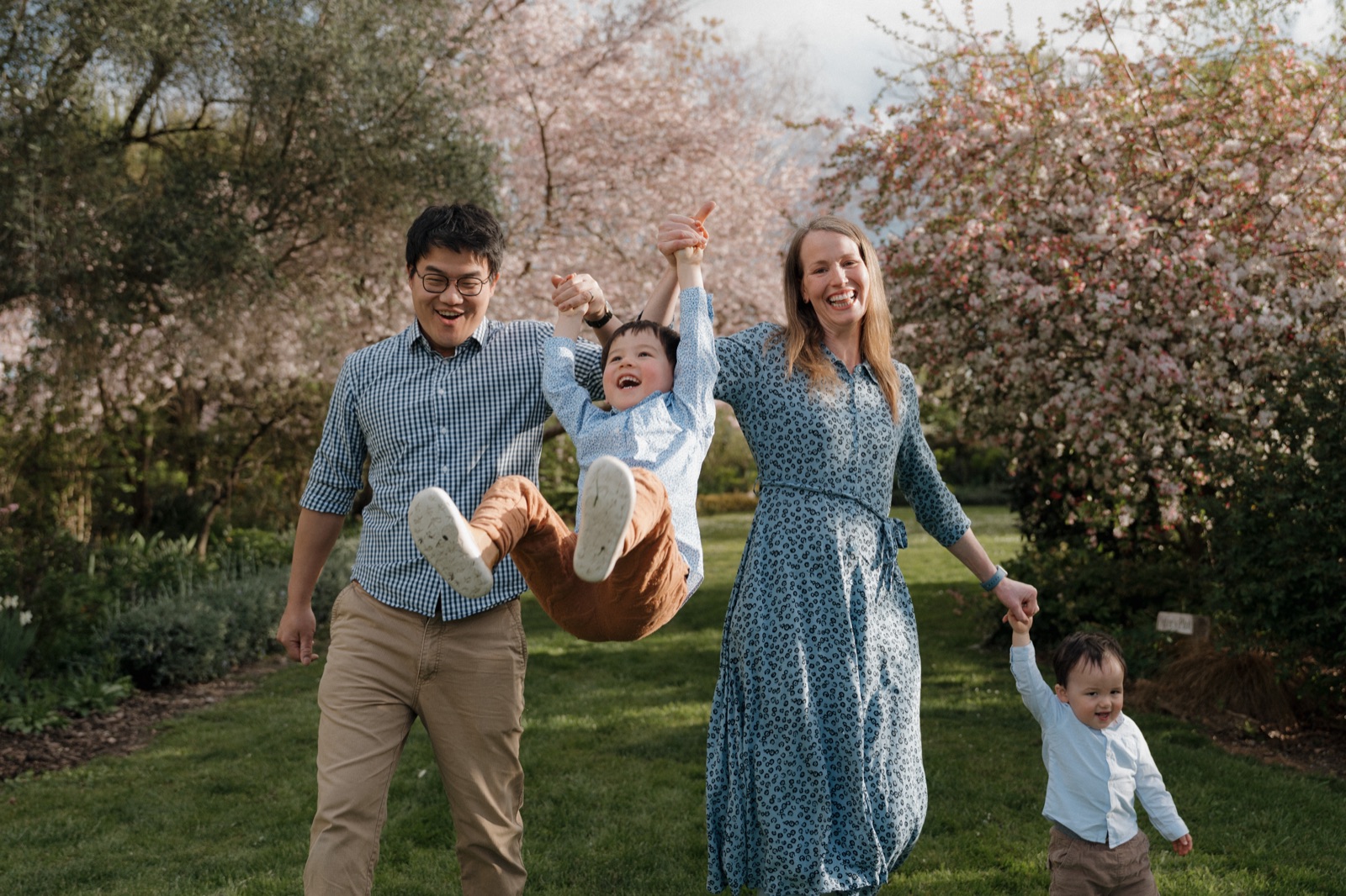 Parents swinging their laughing son between them under spring blossom